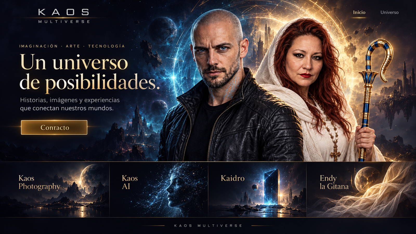 Kaos Multiverse: Kaos y Endy frente a un portal cósmico. Un universo de posibilidades. Kaos Photography, Kaos AI, Kaidro y Endy la Gitana.